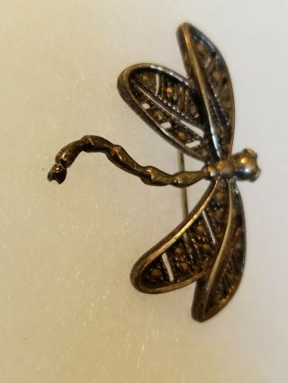 Vintage 925 Sterling Silver Marcasite Dragonfly Brooch Pin Detailed 4