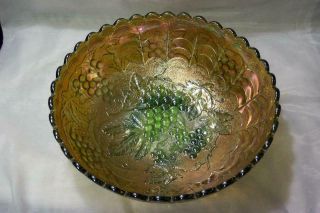 Imperial Glass Vintage 9 1/2 " Green Carnival Glass Bowl Rare Embossed Grapes