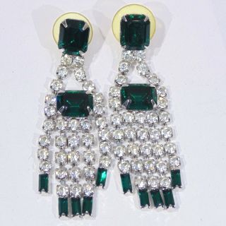 Vintage Emerald Green Color Cut Rhinestone Chandelier Waterfall Pierced Earrings