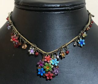 Vintage Art Deco Brass Colorful Glass Bead Flower Necklace