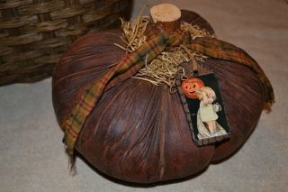 Hand Made Primitive Fabric Pumpkin Halloween,  Homespun,  Vintage Tag Autumn