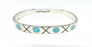 Vintage Taxco Mexico Sterling Silver 925 Turquoise Inlay Hinged Bangle Bracelet