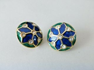 Vintage Joan Rivers Unsigned Earrings Gold Tone Metal Green&blue Enamel&crystal