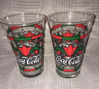 Vintage 2 Coca - Cola Stained Glasses Glass Cup Tiffany Style Coca - Cola Glasses