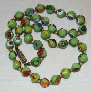 Venetian Murano Millefiori Rare Green Glass Vintage Necklace Knotted Italy