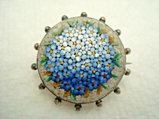 Vintage Pin Brooch Micro Mosaic Millefiori Flowers Italy ? Silver Beaded Frame