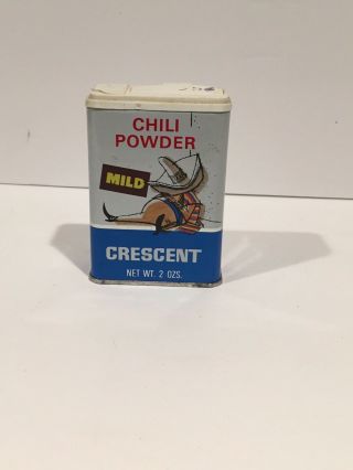 Vintage Crescent Chili Powder Flakes 2oz Tin Great Graphics W/ Some Chili Powder