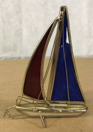 Vintage Stained Glass Sail Boat 3d Standing Boat 5” X 6” Red,  White,  Blue (d9)