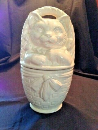 Vtg Ceramic Cat In Basket Cookie Jar With Lid Ivory