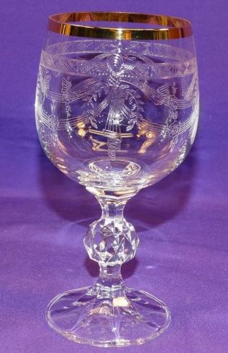 4 Vintage Bohemia Glass Stemmed Wine Goblets Gold Rim Wreath & Drape Etch Ball