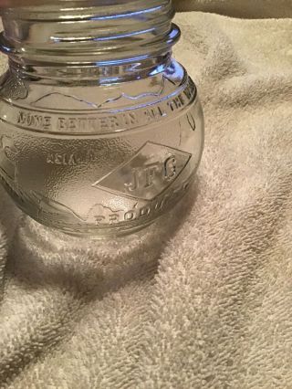 Vintage Mid - Century 1 lb JFG Peanut Butter Clear Glass Globe Jar 5