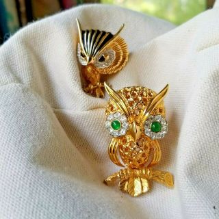 Bonded Pr Vtg Stylized Sassy Owls Brooch Pins Gold - Tone Rhinestones Signed Jomaz