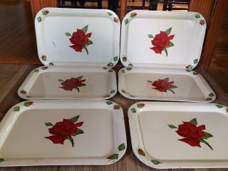 Set Of 6 Vintage Cream Red Rose Lap Tv Trays