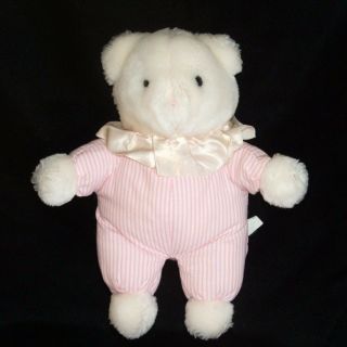 Kids Gifts Pink White Stripe Bear Rattle Satin Ruffle Collar Plush Baby Toy Vtg