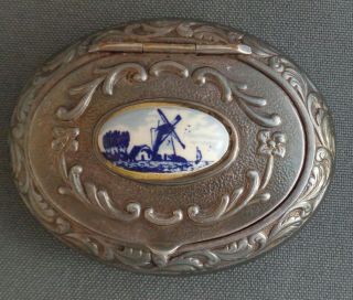 Fancy Vintage Silver Plated Trinket Or Pill Box W/ Delft Blue Windmill Scene