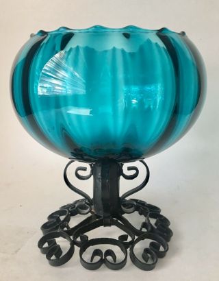 Vtg Empoli Glass Spanish Revival Wrought Iron Base Melon Balloon Vase Italy