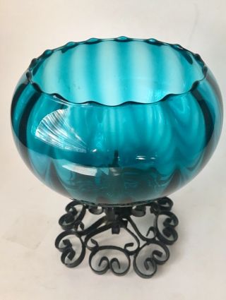 Vtg Empoli Glass Spanish Revival Wrought Iron Base Melon Balloon Vase Italy 2
