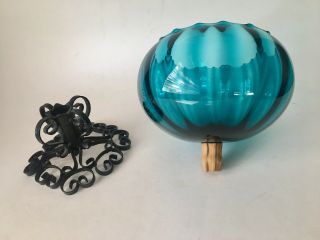 Vtg Empoli Glass Spanish Revival Wrought Iron Base Melon Balloon Vase Italy 3