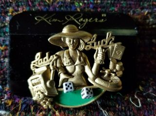 Vtg Signed A.  J.  C.  Lady Gambler Slot Machine Dice Roulette Lady Luck Brooch Pin