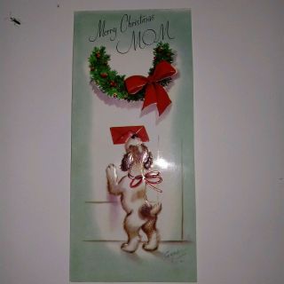 Vintage Rust Craft Marjorie Cooper Christmas Card Puppy At Door With Mail