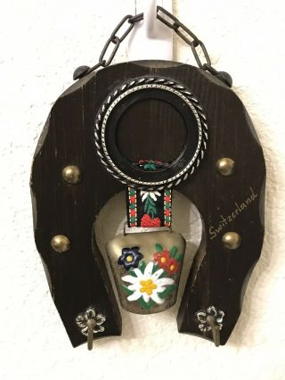 Vtg Swiss/switzerland Decorative Wooden Plaque - Hand Painted/embroidered Cow Bell