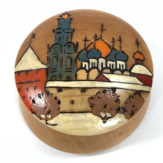 Vintage Mid - Century Hand Carved Wood Round Trinket Box Soviet Russia Ussr Winter