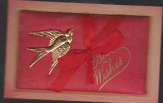 Golden Bird Pin Best Wishes Silk Package With Bow Vintage Pc 1928 Rare