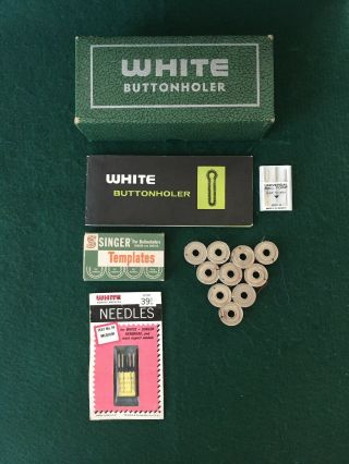 Vintage White Buttonholer,  5 Templates,  Box,  Book,  10 Bobbins,  Singer Template