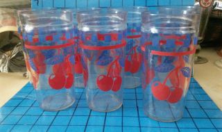 Set Of 6 Cherry Design Tall Tumblers Glasses Vintage Anchor Hocking Jam Jars