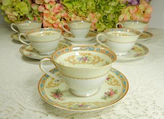 6 Vintage Noritake Porcelain Cups & Saucers Turquoise Flowers Scrolls Gold