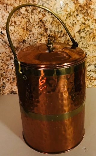 Vtg.  Mcm Copper Plated Large Ice Bucket,  With Handle & Lid Collectible