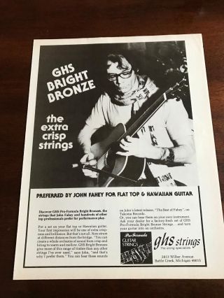 1977 Vintage 8x11 Print Ad For Ghs Guitar Strings John Fahey Flat Top/hawaiian