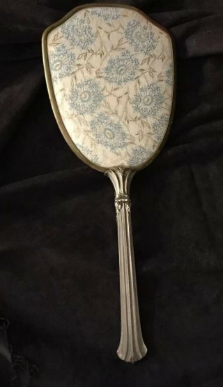 Vintage Hand Held Vanity Mirror Blue & Gold Floral Brocade Beveled Mirror 13.  5”