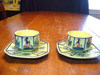 2 Vintage Hb Quimper Hand Painted Soleil Yellow Cups & Saucers