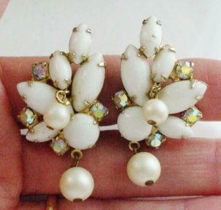 Lovely Vintage White Milk Glass & Ab Rhinestone Earrings W/pearl Dangles,  Clips