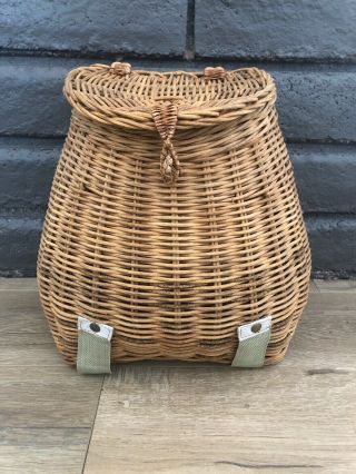 Vintage 15”in Woven Basket Fishing Trapper Gathering Basket Strap Backpack