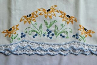 Vintage Cotton Pillowcase (1) Embroidered Orange Flowers,  Blue Crocheted Edge