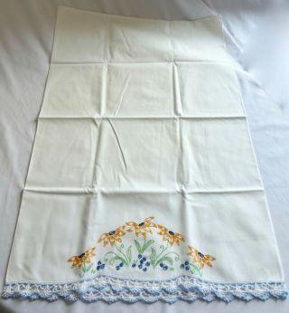 Vintage Cotton PILLOWCASE (1) Embroidered Orange Flowers,  Blue Crocheted Edge 2