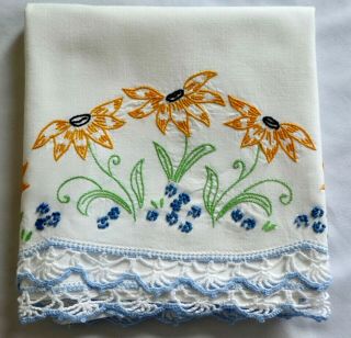 Vintage Cotton PILLOWCASE (1) Embroidered Orange Flowers,  Blue Crocheted Edge 3