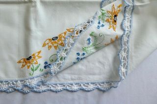 Vintage Cotton PILLOWCASE (1) Embroidered Orange Flowers,  Blue Crocheted Edge 5