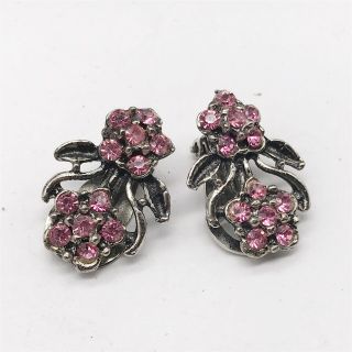 Vintage Ladies Costume Jewellery Pink Glass Flower Cluster Clip On Earrings