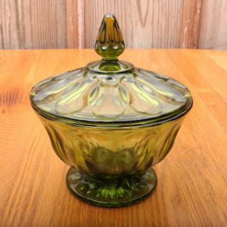 Vintage Green Glass Arch Pattern Lidded Footed Bowl Compote Candy Dish