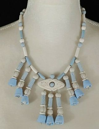 Vintage Handcrafted Art Necklace Blue White Clay 18 " Long