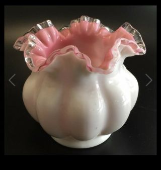 Vintage Fenton Art Glass Cased Rose Pink Melon Vase Ruffled Silver Crest