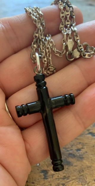 Vintage Carved Black Coral Pendant With Sterling Silver Chain Necklace Cross
