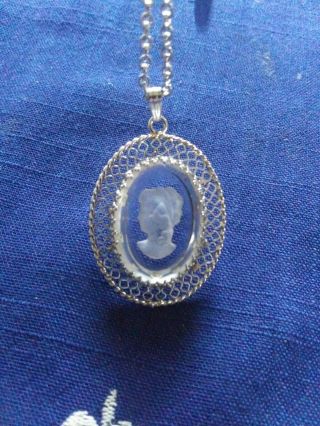Vintage Whiting & Davis Cameo Necklace Clear Glass Intaglio Signed