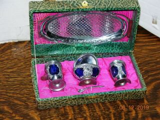 Vintage Japanese Silver Plated? & Cobalt Blue Glass Salt And Pepper Shaker Set