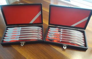Vtg Mcm Stainless Steel Steak Knife Set Of 12 In Boxes - Made In Japan