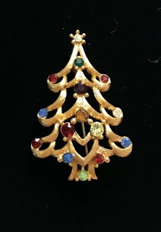 Vtg Monet Gold Tone Multi Color Rhinestone Christmas Tree Brooch Signed 2 " M005