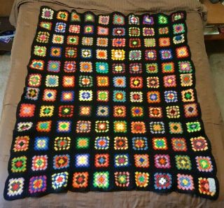 Signed By Artist Vintage Handmade Crochet Granny Square Afghan Blanket Throw